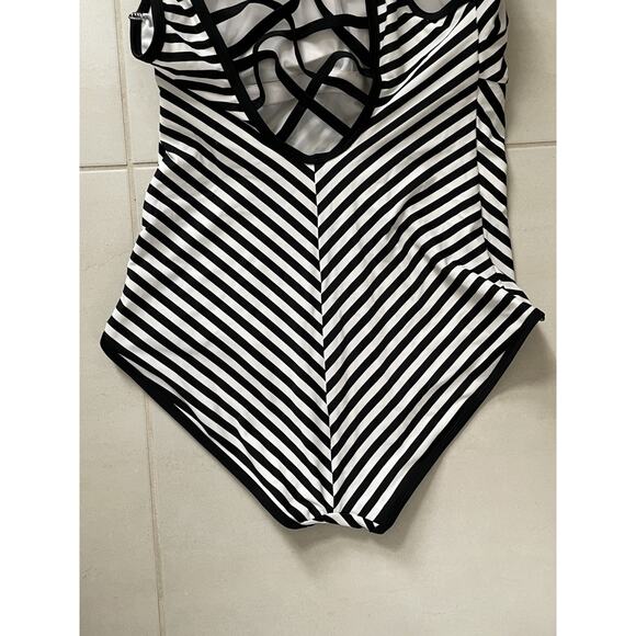 Adore Me Swim One Piece Swimsuit Striped Lace Up Back Swimwear - Picture 7 of 9